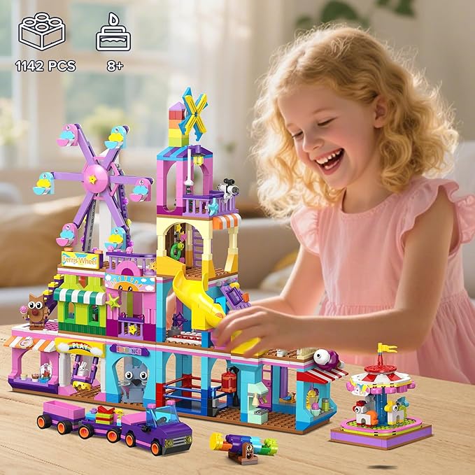 HOGOKIDS 3 Modes Girls Park Building Set - Friendship City Park Building Blocks Toy Set, Friends DIY Building Toys with Ferris Wheel, Spinning Carousel, Slide | Gifts for Girls Boys Age 8 9 10 11 12+
