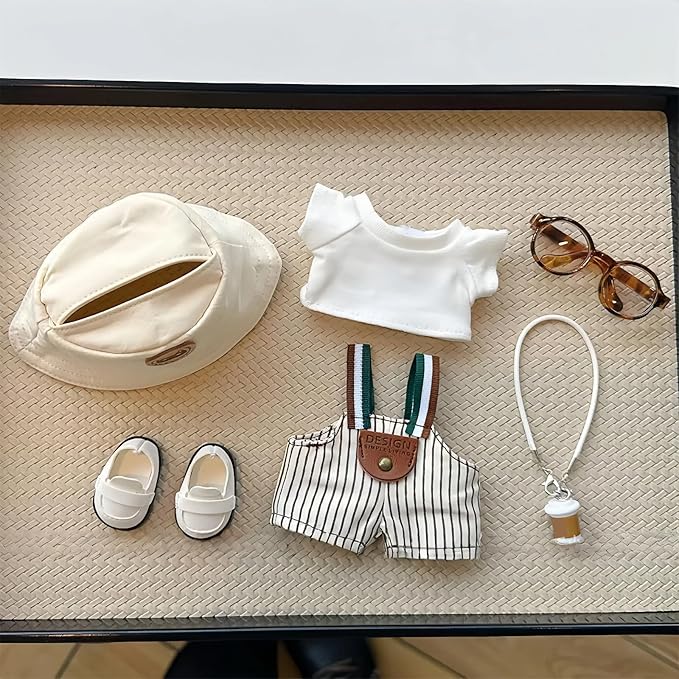 4/5/6 Set Doll Clothes Compatible with 17cm labubu, Clothes for Dolls Outfit, Contain Hat +Glasses+ Summer Camisole Dress+Mini Bag+ Mini Camera + Shoes, No Doll Include (White-6)