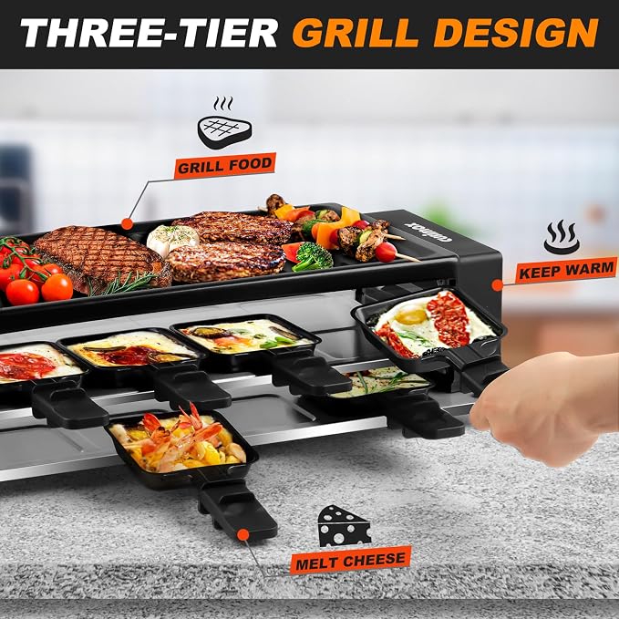 CUSIMAX Raclette Grill Korean BBQ Grill, Portable Raclette Table Grill Electric Grill with Non-stick Plate, Adjustable Temperature Control, Indoor Grill with Cool Touch Handles, 8 Cheese Trays for Fun
