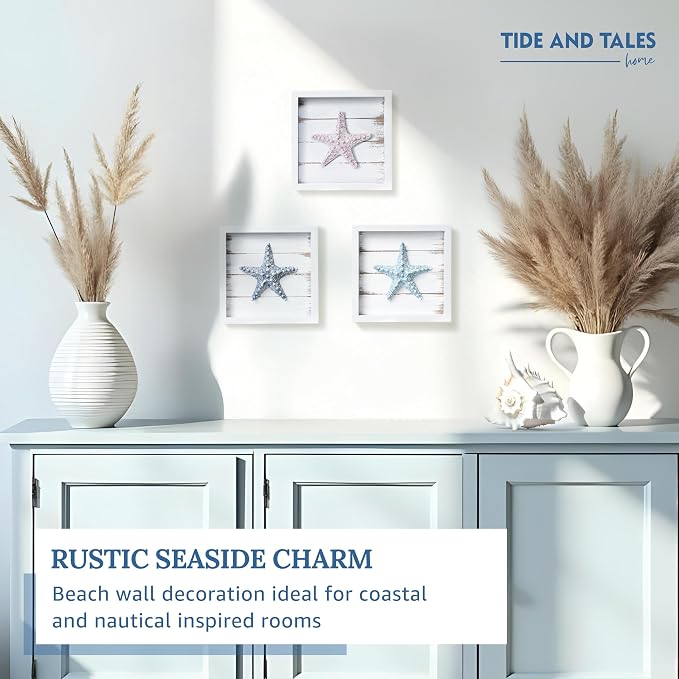 Tide and Tales 3D Starfish Wall Art, Framed Set of 3, Beach Bathroom Decor | 7" x 7", Coastal Wall Decor, 3D Textured Seashells, Ready to Hang, Fade Resistant, Gift Boxed, Hardware Included