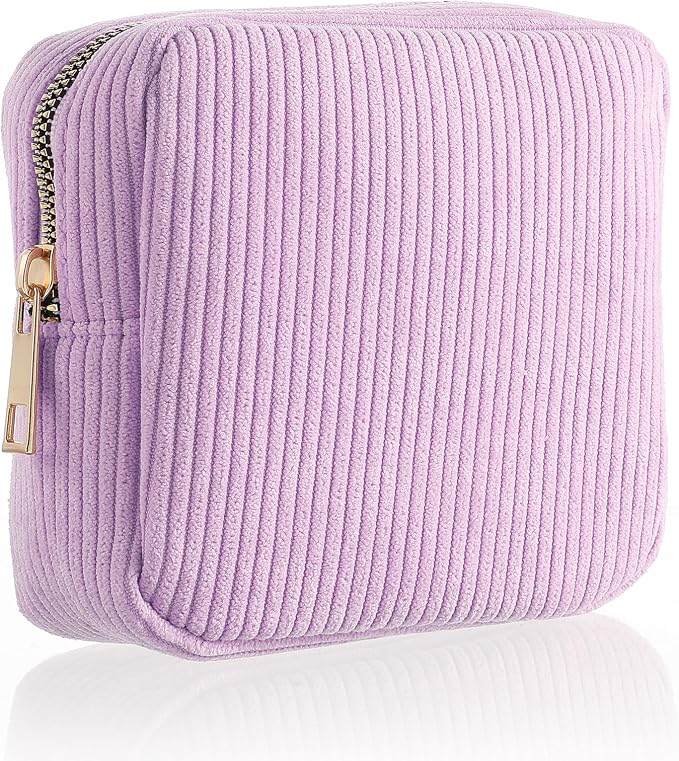 Feminine Menstrual Care Bags for Teen Girls, Mini Corduroy Period Bag for Storing Sanitary Napkins Portable Makeup Pouch with Zipper Cosmetic Bag Tampon Pad Holder for Women Travel Purse (Purple)