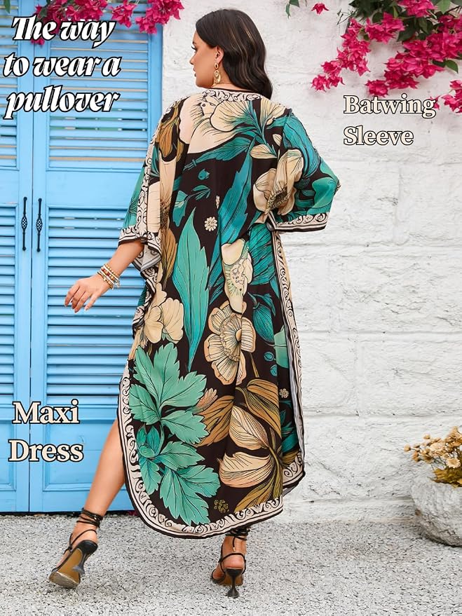 ChiaoLezhee Print Moo-Moos for Women, Kaftan Cover-Up Dresses, Sexy V-Neck High-Slit, Beach Pool-Party Coverups Muumuu Plus