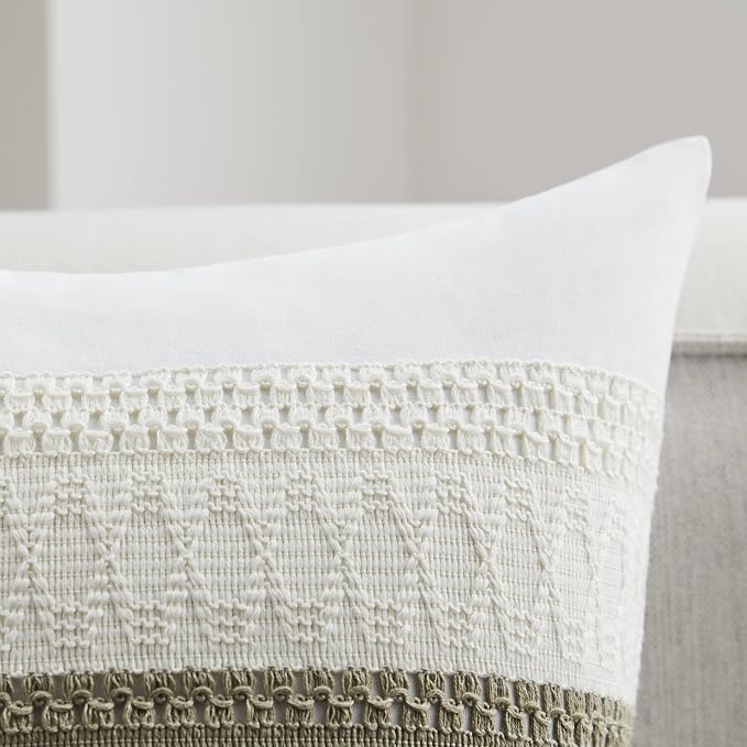 2pk Boho Pillow Covers 22x22, Natural White/Contrast/Dark Sage | 100% Organic Cotton Body, Stripe Embroidery, Farmhouse Decorative Cushion Covers for Sofa Bed Living Room Home Decor
