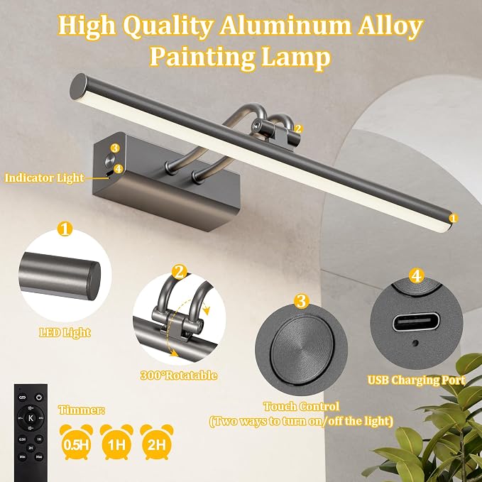 Battery Operated Picture Light for Wall, Grey, 13.8", Remote Control | 4000mAh Cordless,Grey Wall Light, Magnetic for Easy to Charge,Timers, Display for Gallery Living Room Bedroom