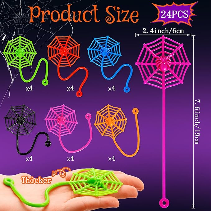 24 PCS Sticky Spider Web for Kids, 7.6 Inches Cobweb Sticky Hand Toys, Halloween Spider Party Favors for Goodie Bag Stuffers, Birthday, Classroom Prizes Supplies (6 Colors)