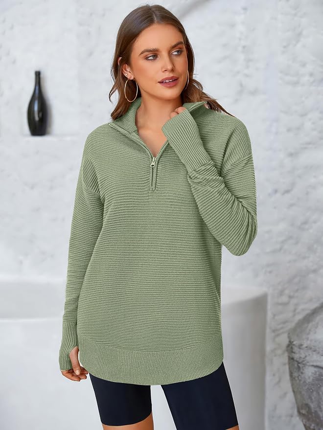 PRETTYGARDEN Womens Long Sleeve Quarter Zip Pullover Sweater Casual Loose V Neck Collared Ribbed Knit Jumper Tops Thumb Hole