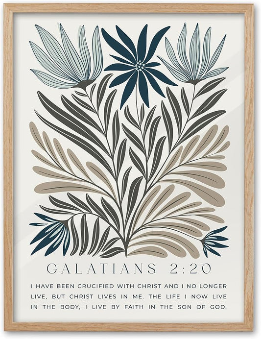 EcoHest 12x16 in Galatians 2:20 Botanical Floral Framed Christian Wall Art | Natural Oak Wood Frame, Canvas Wall Art, Nature Scripture Bible Verse Decor for Bedroom, Living Room, Office, Church, 1Pack