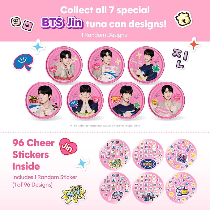 Dongwon Korean Spicy Canned Tuna, BTS Jin Super Tuna Officially Licensed 4-Pack — Collectible ARMY Gift, 1 Jin Can (7 Designs) + 3 Hot Pepper Tuna Cans + Sticker, Skipjack, 5.3oz (150g), Made in Korea