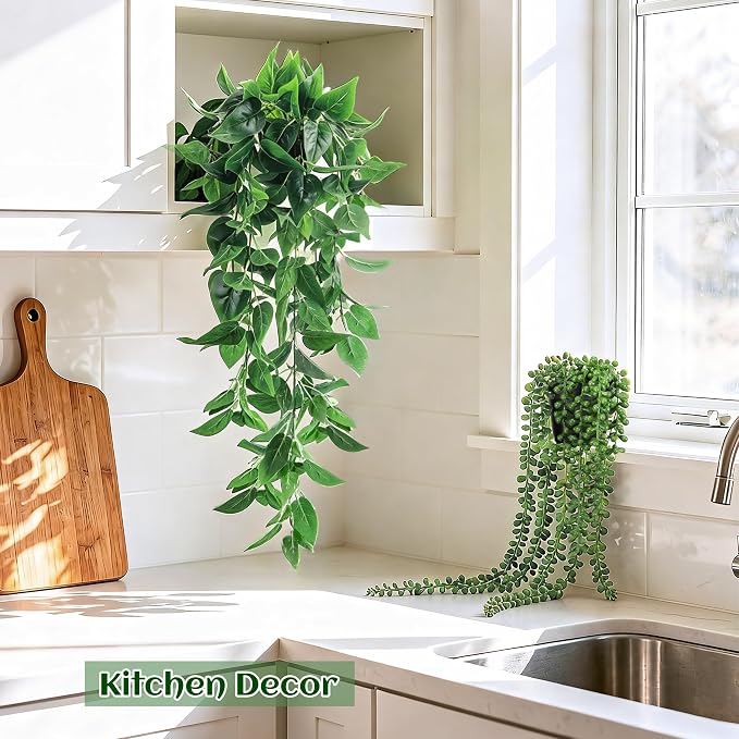 Der Rose 4Pcs Fake Hanging Plants with Lush Cascading Greenery | Artificial plant with black pots, 20–34 in long faux vine, for bathroom, kitchen, living room wall, shelf decor indoor