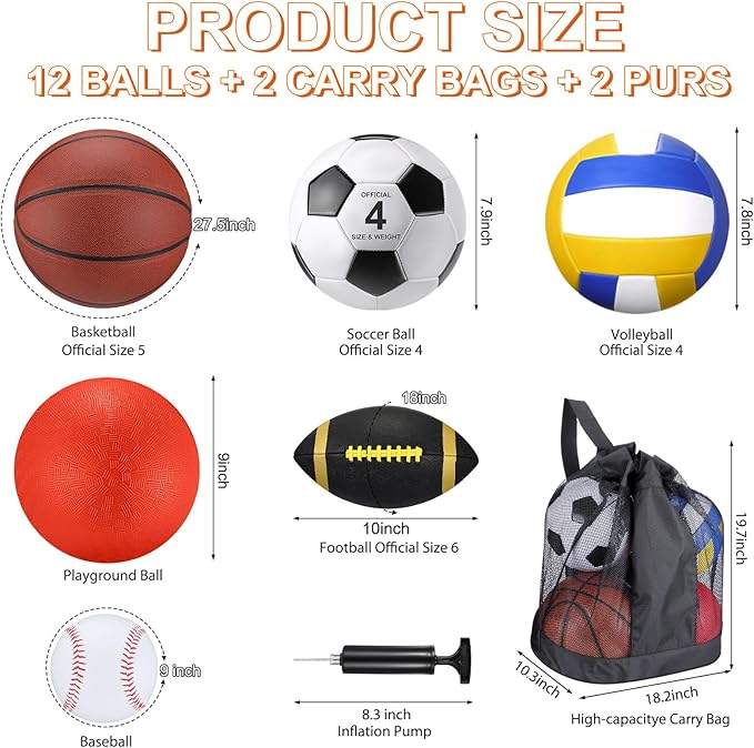 Deekin 12 Pcs Assorted Sport Ball Set Official Size Basketball, Football, Volleyball, Soccer, Baseball, Playground Ball with Bag and Pump Gift for Kid Youth Adult Back to School