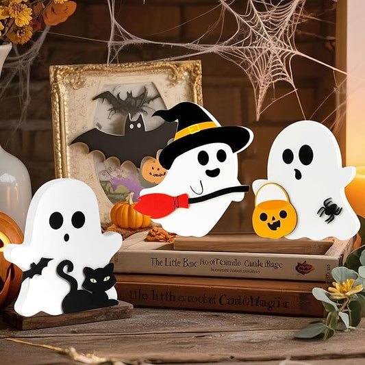 Cute Halloween Decorations Indoor-Cute Halloween Wooden Tiered Tray Decor, 3 Pcs Wooden Ghost Blocks Signs for Home Shelf Mantel Tabletop Office Party Fireplace