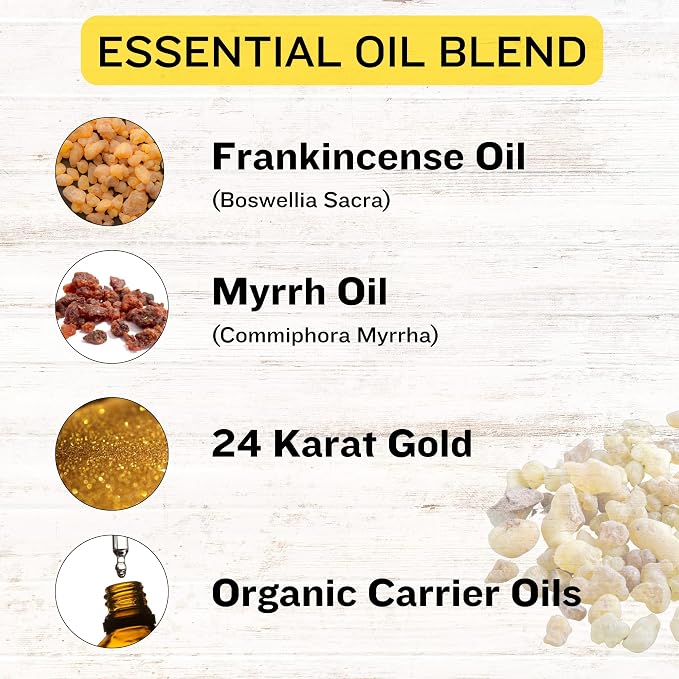 Frankincense and Myrrh Essential Oil Blend Roll On - Handmade Organic and Premium with 24 Karat Gold for Skin and Body, Rejuvenate, Stress Relief, Aromatherapy and Relaxation 10ml