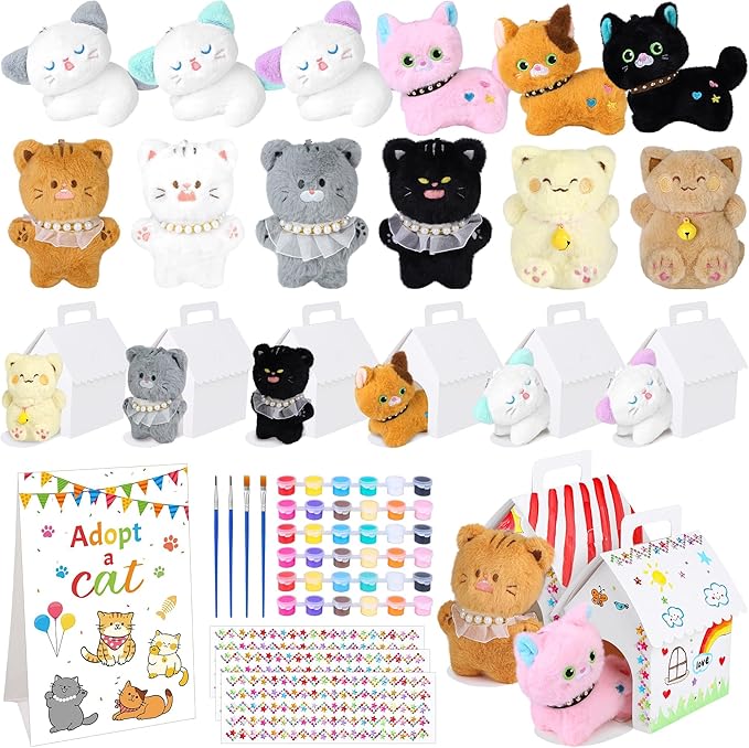 31 Pieces Adopt a Cat Party Favors 12 Mini Plush Stuffed Cats with Keychain Include Adopt a Cat Sign DIY White Cats House, Paint, Brushes & Stickers for Birthday Xmas DIY Craft Party Gifts