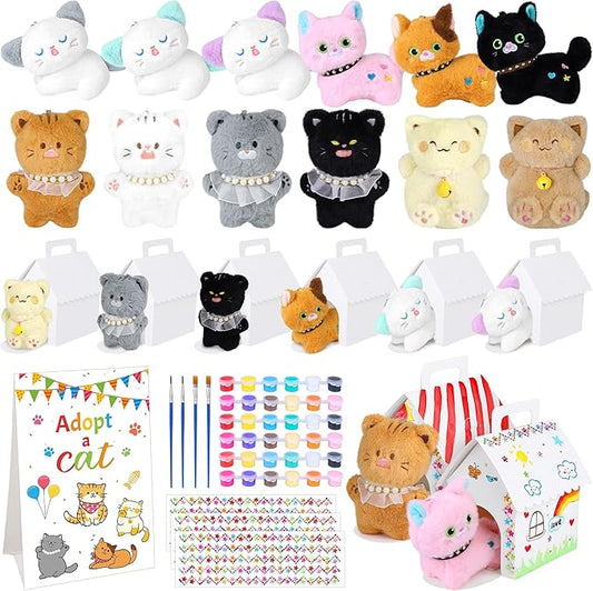 31 Pieces Adopt a Cat Party Favors 12 Mini Plush Stuffed Cats with Keychain Include Adopt a Cat Sign DIY White Cats House, Paint, Brushes & Stickers for Birthday Xmas DIY Craft Party Gifts