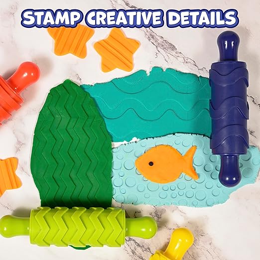 Ready 2 Learn Paint and Dough Texture Rollers | Set of 4 | Patterned Rolling Pins for Kids | Play Dough Accessories and Art Tools