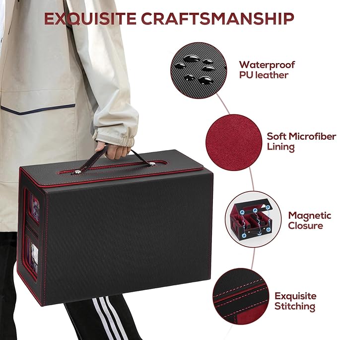 Trading Card Storage Box for MTG, MTG commander deck box，Multi-purpose Deck Case for MTG TCG Sports Card, 4 Toploaders, 4 Stoppers, 4 Colorful Dividers (Black & Red)