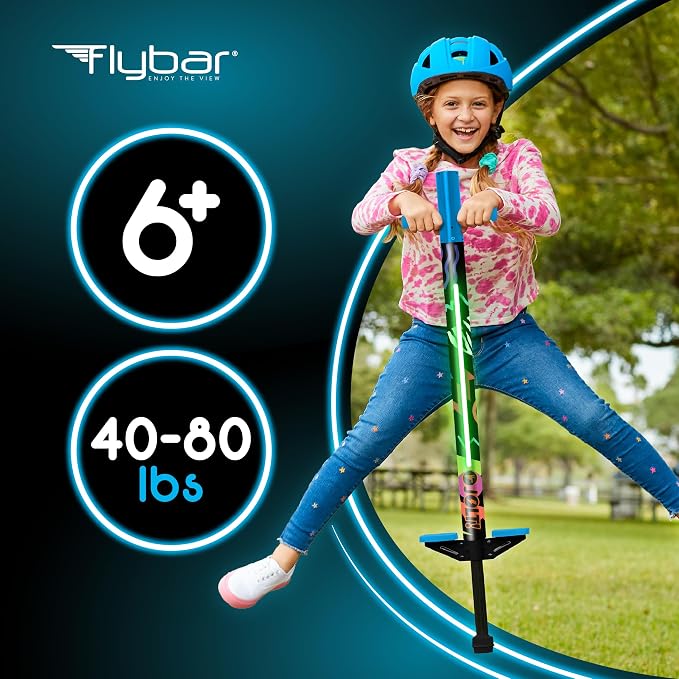 Flybar Jolt Pogo Stick for Kids, Perfect for Beginners w/Foam-Covered Metal Frame, Handles & Padding, Non-Slip Foot Pads, Wide Tip, Outdoor Active Play Toy for Boys & Girls, Ages 6+, Retro Rocket LED