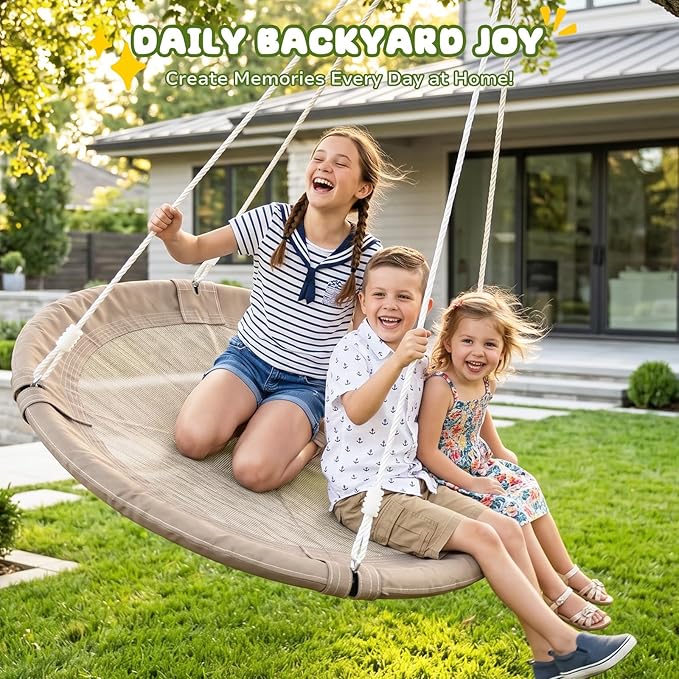 Trekassy 700lb 40 Inch Saucer Tree Swing for Kids Adults Outdoor 900D Oxford Waterproof with 2pcs Tree Hanging Straps, Steel Frame and Adjustable Ropes, Taupe