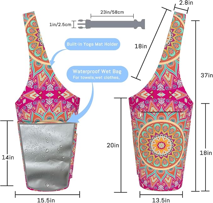 Mandala Yoga Mat Bag with Large Waterproof Zipper Pocket and Drawstring Pocket Long Tote Yoga Mat Carrier Holder Bags Fit Most Size Mats