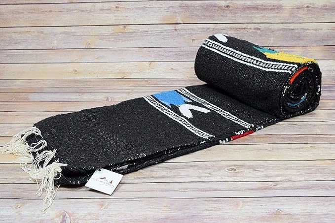 Open Road Goods Thick Mexican Yoga Blanket - Serape Fish Design - Handmade (Black)