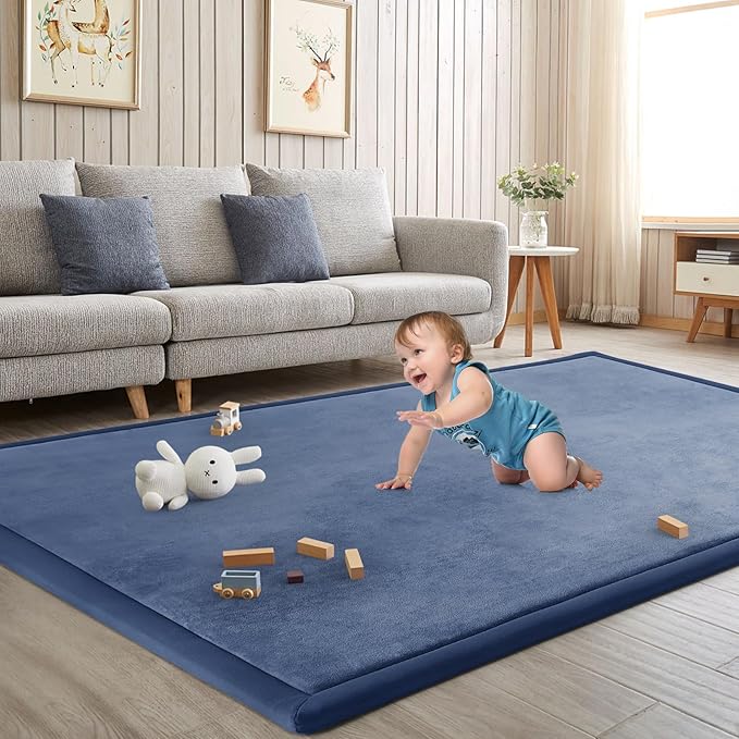 Baby Play Mat for Floor Nursery Rug Muscle Mat Area Rug Playroom Rug 79"x158" Playpen Mat Elastic Foam 1.3" Thick Crawling Mat for Babies,Toddlers, Infants, Kids,Sapphire Blue