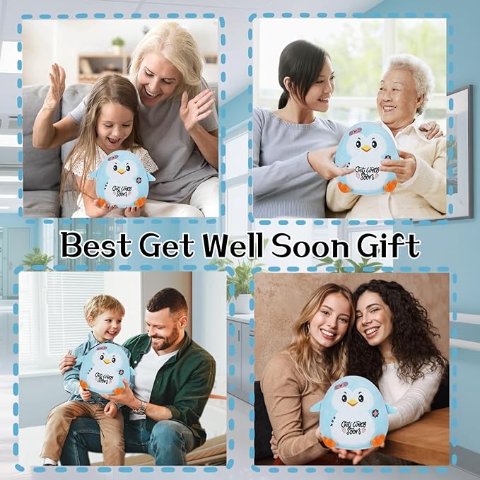 Get Well Penguin Stuffed Animal - Get Well Soon Gifts Penguin Plush Heartwarming Design for Rehabilitation Kids' Gift 8 Inch Blue