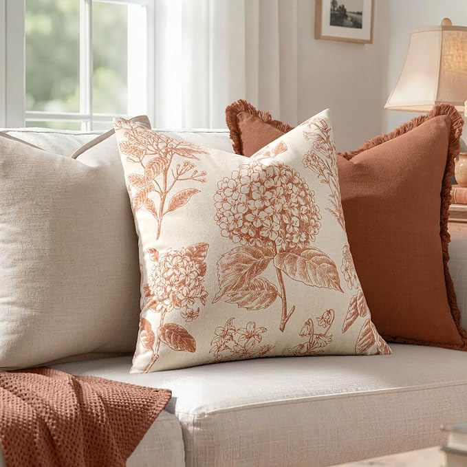Set of 2 Decorative Floral Pillow Covers 18x18 Inch Autumn Orange | Neutral Hydrangea Print, Boho Vintage Throw Cushion Covers, Cottagecore Home Decor, for Sofa Couch Porch Bedroom Living Room