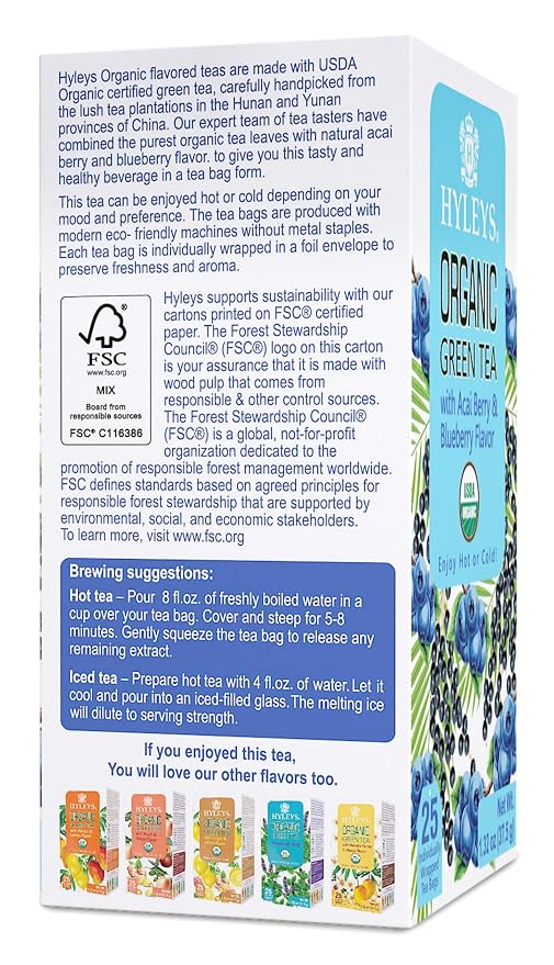 HYLEYS Organic Green Tea with Acai Berry and Blueberry Flavor, 25 Individually Wrapped Tea Bags - USDA Organic Graviola Guanabana Tea with Light Caffeine