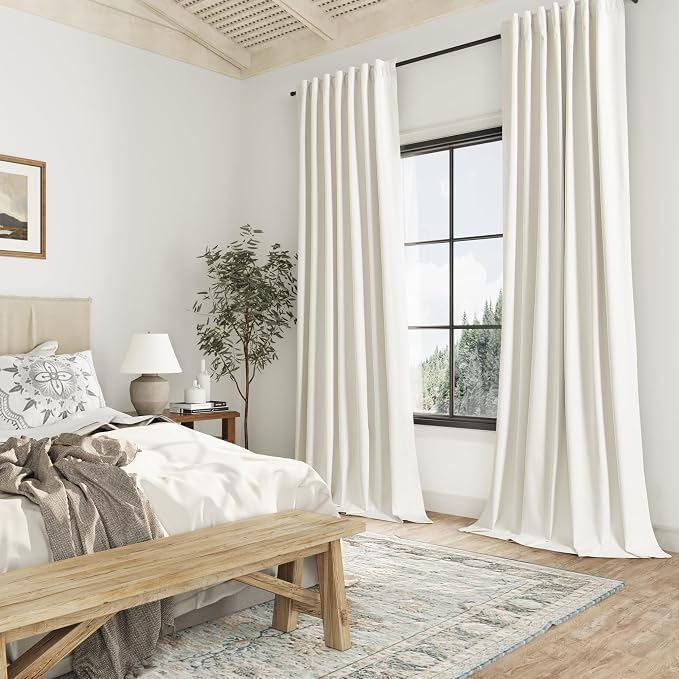 Guken Ivory 100% Blackout Linen Curtains 90 Inch Length 2 Panels Set for Living Room Bedroom Back Tab Thermal Insulated Black Out Drapes Room Darkening Window Curtains 90 Inches Long