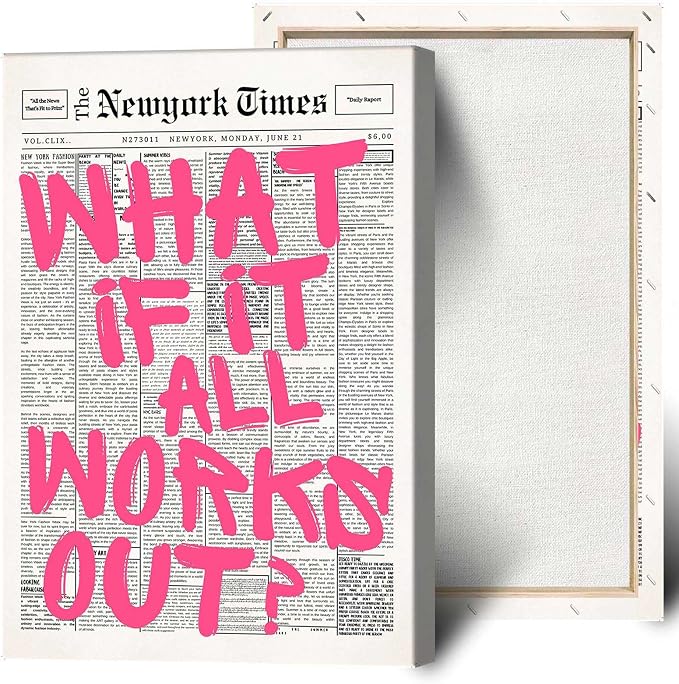 Drimiler Retro Newspaper Pink Font Poster What If It All Works Out Canvas Wall Art Positive Affirming Quote Minimalist Prints Painting For Home Bedroom Dorm Wall Decor 12x18in Wframed