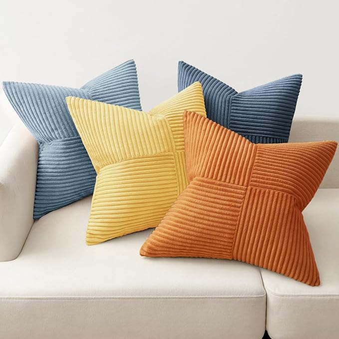 MIULEE Summer Yellow Blue Decorative Throw Pillow Covers 18x18 Inch Set of 4 Soft Corduroy Boho Patchwork Pillow Covers Modern Farmhouse Bright Home Decor for Sofa Living Room Couch Bed