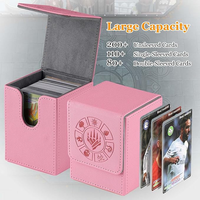 Arkeiliy Card Deck Box, 110+ Storage MTG Deck Box with 50 Pcs Card Sleeve, Collectible Trading Card Cases for Magic Commander and More (Pink)