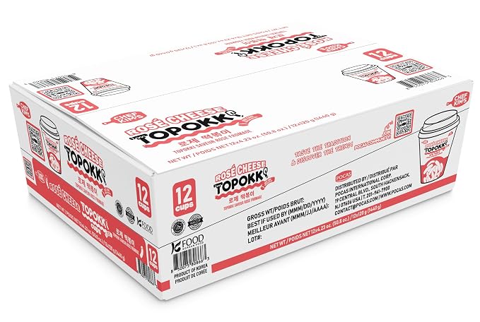 POCAS Chef Kim's Korean Instant Topokki Rice Cake Cups, Microwaveable Rice Cake Snack, Ready in 3 Minutes, 4.2 oz (120g) per Cup, 12 Tteokbokki Cups per Case, Authentic Korean Street Food. (Rosé Cheese)