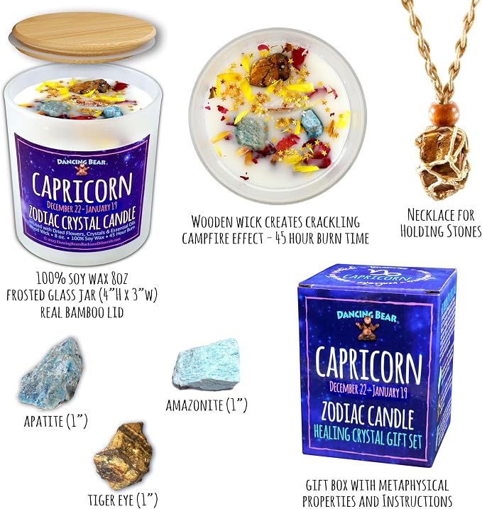 DANCING BEAR Capricorn Zodiac Candle Gift Box Set with 3 Healing Crystals & Stone Holder Necklace, 100% Soy Scented Wax, Crackling Wood Wick, 45 Hour Burn Time
