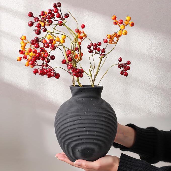 Ceramic Flower Vase Home Decor, 7.4 in Farmhouse Table Vases Retro Vintage Living Room Kitchen Bedroom Decoration Pottery Decorative Vases for Flowers House Shelf Office Desk Dining Entryway, Black
