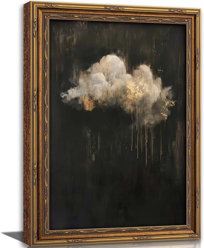 Vintage Gold Framed Cloud Wall Art Abstract Cloud Rain Landscape Canvas Print Dark Moody Cloud Picture Wall Decor Abstract Gothic Sky Landscape Academia Poster Artwork for Living Room Bedroom