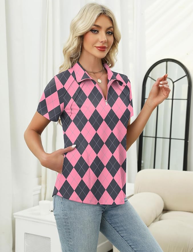 LOMON Womens Golf Polo Shirt Summer Short Sleeve Quarter Zip Outfit | Side-Pockets,Princess Seams,Cotton,Wrinkle Free,Moisture Wicking,Quick-Dry,Lightweight,Collared,for Tennis Workout