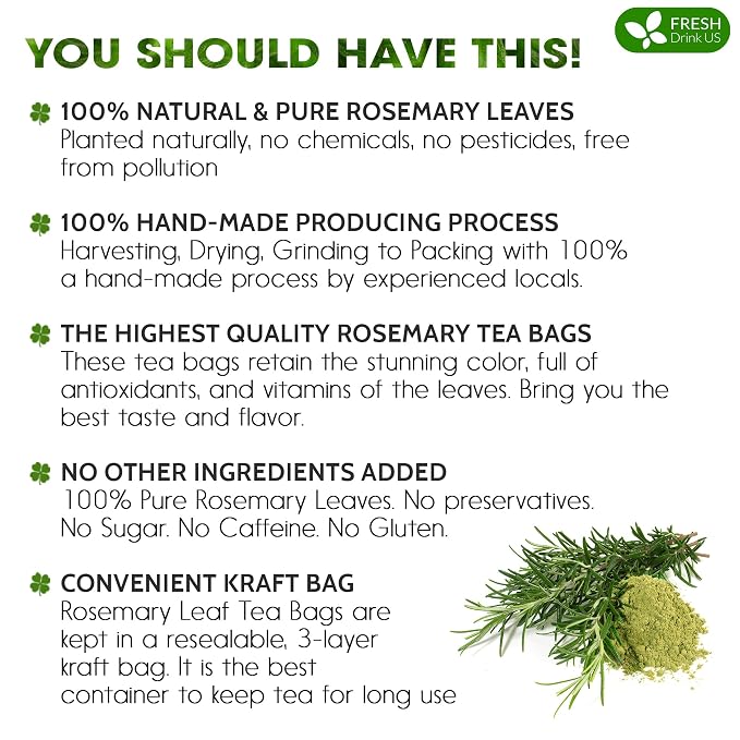FRESHDRINKUS, Premium 100 Rosemary Leaf Tea Bags, 100% Natural and Pure Rosemary Dried Leaves, Pure Rosemary Herbal Tea, No Additives, No Caffeine, No Gluten, Vegan.
