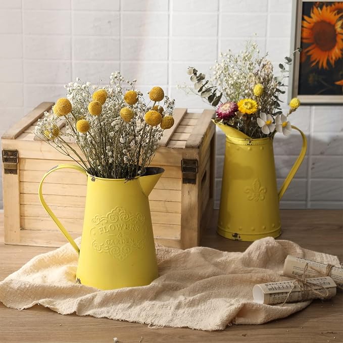 French Style Shabby Chic Vase Metal Flower Vase Vintage Jug Rustic Farmhouse Decor for Home, Yellow