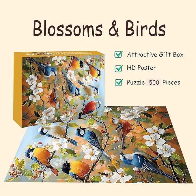 Puzzles for Adults 500 Pieces, Bird Jigsaw Puzzles 500 Pieces -Blossoms & Birds, Impossible Flowers Puzzle, Finished Size 20.47 * 14.96”, with 1:1 Poster, Letter on The Back