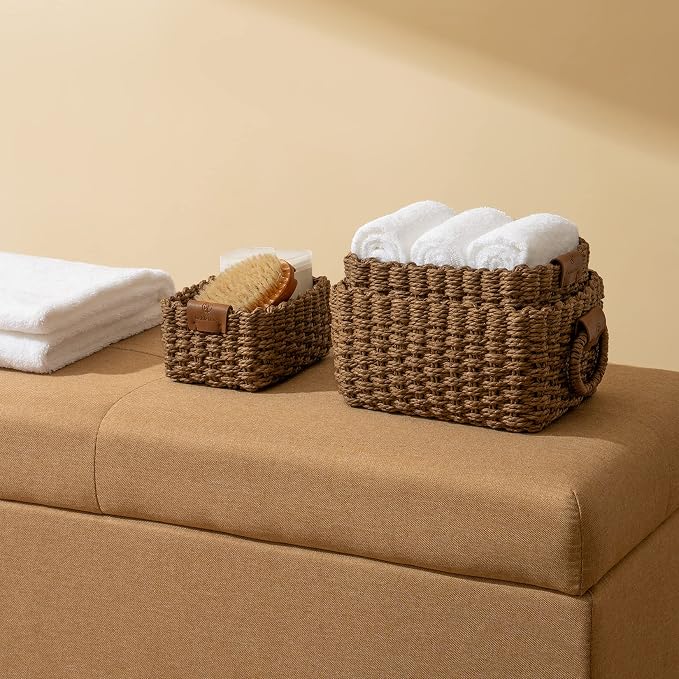 LA JOLIE MUSE Small Wicker Baskets for Organizing, Brown 3 Pack | Decorative Organizer with Vegan Leather Tag, Round Handle, Storage Baskets for Shelves, Bedroom, Kitchen, Office and Home