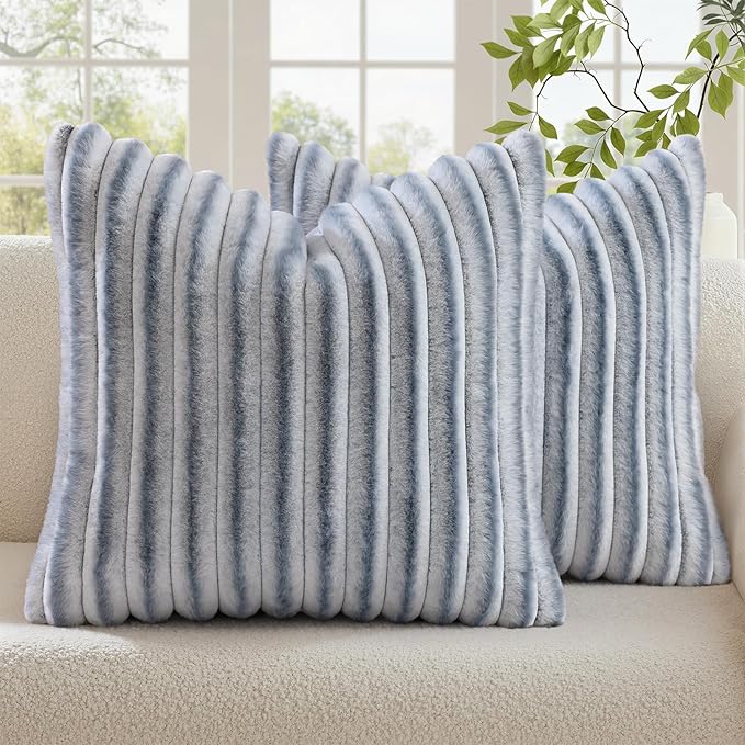 decorUhome Fall Faux Fur Throw Pillow Covers 26x26 Set of 2 Grey White | Decorative Soft Cozy Striped Plush Modern Farmhouse Boho Couch Pillow Cases Velvet Back for Sofa Bed Living Room Home Decor