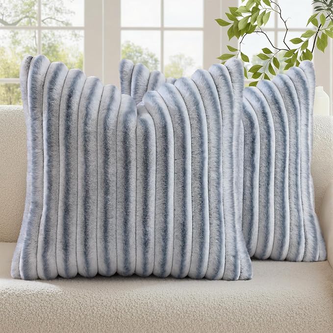 decorUhome Fall Faux Fur Throw Pillow Covers 18x18 Set of 2 Grey White | Decorative Soft Cozy Striped Plush Modern Farmhouse Boho Couch Pillow Cases Velvet Back for Sofa Bed Living Room Home Decor
