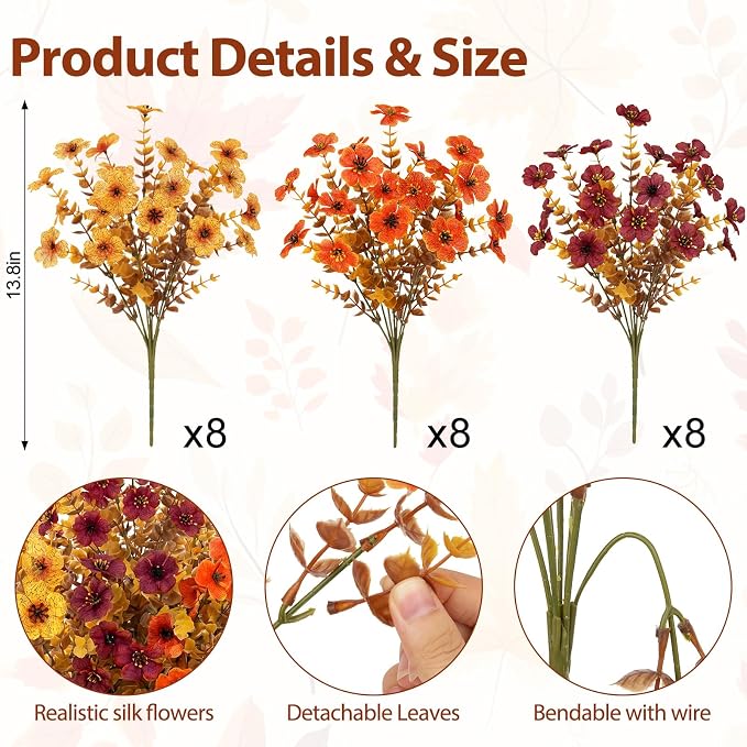Ouddy Decor 24 Pcs Artificial Fall Flowers, Fake Mums Outdoors, Deep Orange | Lifelike faux mums, silk flower, UV resistant, no-maintenance, for autumn Thanksgiving garden porch yard indoor outdoor decor