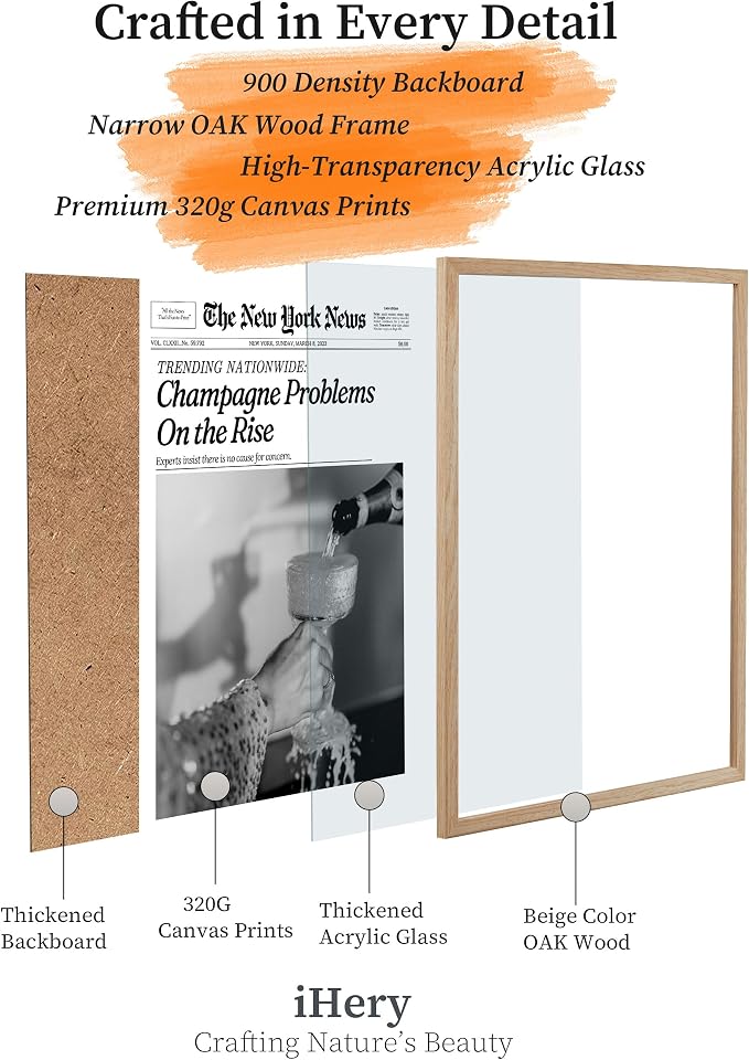 iHery 16x20in Champagne Problems on the Rise Framed Newspaper Art | Natural OAK Wood Frame with Canvas Print, Vintage Champagne Decor for Bar Cart, Kitchen, Living Room and Bathroom, 1Pack