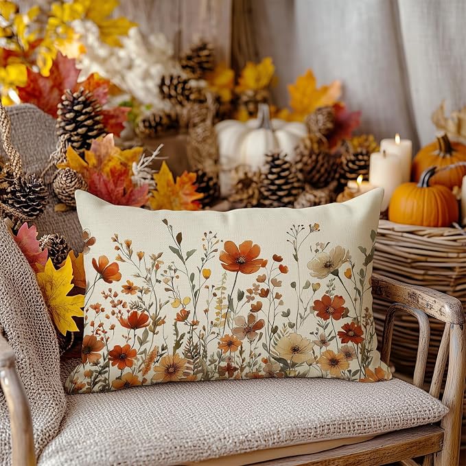 AACORS Fall Floral Pillow Cover 12x20 Inch, Autumn Seasonal Sofa Decor