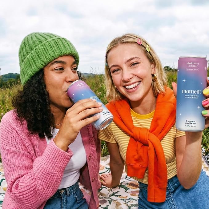 Moment Adaptogen Drink (Shark Tank) - Calm, Clarity & Relaxation with L-Theanine & Ashwagandha - Non Alcoholic Drinks for Adults - Sparkling Botanical Soda - 0 Sugar 0 Caffeine - 12 Pack 11.5 fl oz