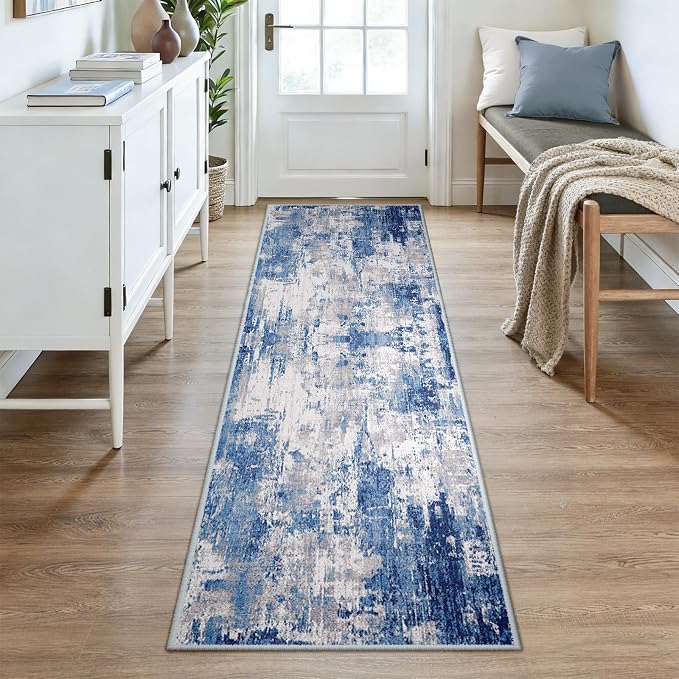 RELEANY Washable Runner 2'6"x8' Abstract Area Rug for Hallway Blue Gray | carpet for kitchen, entryway, bathroom, living room, bedroom, printed pattern, non-slip, soft, stain-resistant, easy to clean