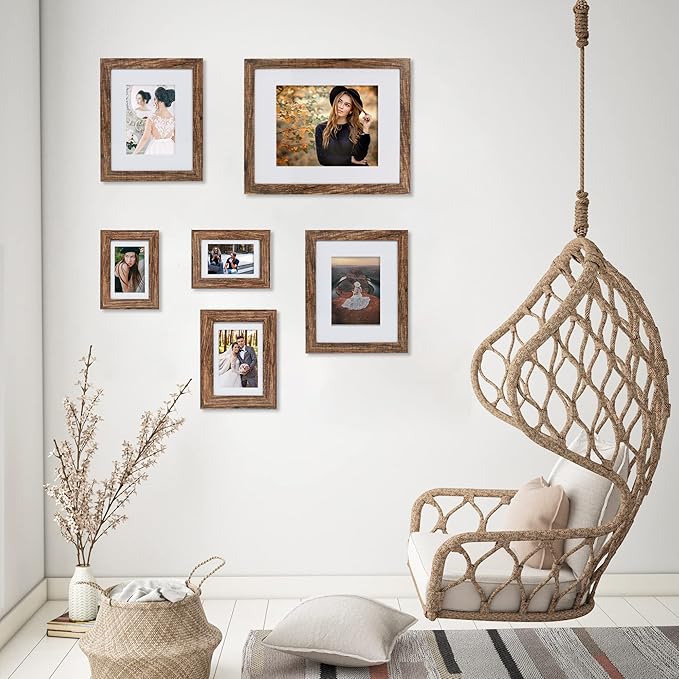 Hongkee 5x7 Picture Frame Set of 4, Made of Real Glass and Rustic Brown Wooden Frame, 5 by 7 Photo for Wall or Tabletop - Display Picture 4x6 with Mat or 5x7 Without Mat