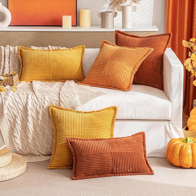MIULEE Fall Burnt Decorative Lumbar Throw Pillow Covers 12x20 Inch | 2 Pack, Boho Broadside Striped Patchwork Pillow Covers, Soft Corduroy Cushion Cases, For Couch Sofa Bed Livingroom Home Decor